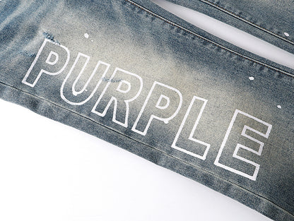 Purple Brand Wordmark Print Mud Flare Jeans Mid Indigo