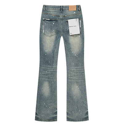 Purple Brand Wordmark Print Mud Flare Jeans Mid Indigo