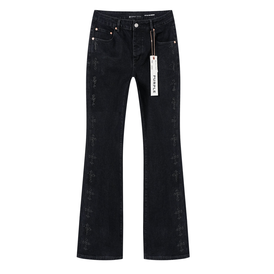 Purple Brand Rhinestone Cross Flare Jeans Black