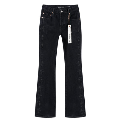Purple Brand Rhinestone Cross Flare Jeans Black