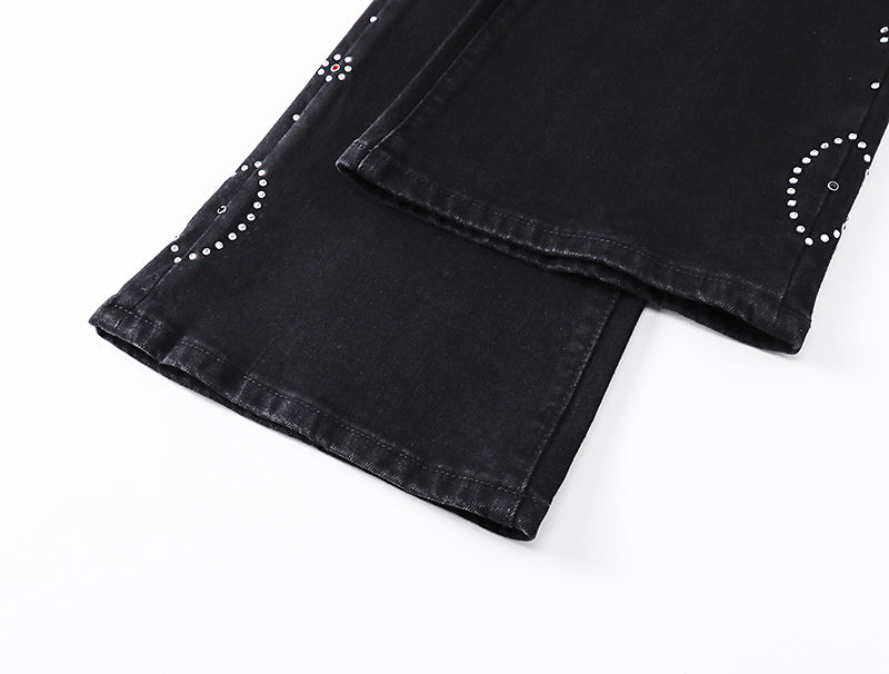 Purple Brand Rhinestone Pattern Flare Jeans Black