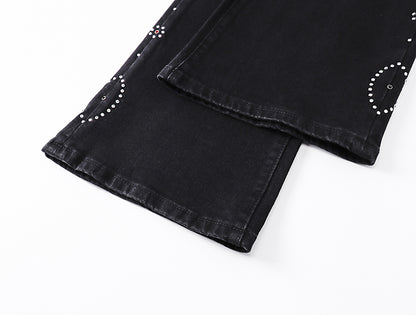 Purple Brand Rhinestone Pattern Flare Jeans Black