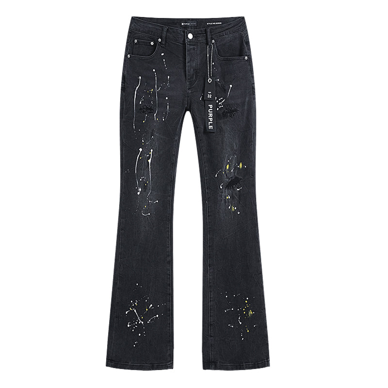 Purple Brand Paint Splatter Ripped Flare Jeans Black