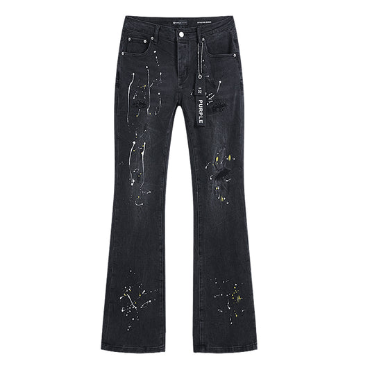 Purple Brand Paint Splatter Ripped Flare Jeans Black