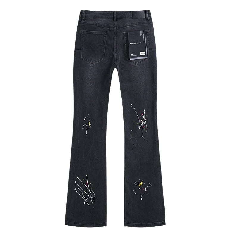 Purple Brand Paint Splatter Ripped Flare Jeans Black