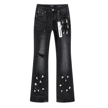 Purple Brand Block Paint Thigh Destructed Flare Jeans Black