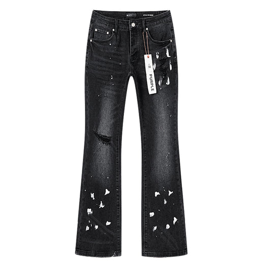 Purple Brand Block Paint Thigh Destructed Flare Jeans Black