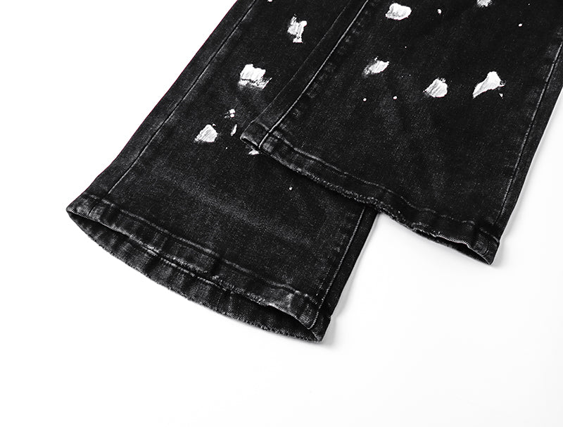 Purple Brand Block Paint Thigh Destructed Flare Jeans Black