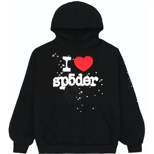 Sp5der I Heart SP5 Souvenir Hoodie Black | Unisex Y2K Graphic Oversized Sweatshirt