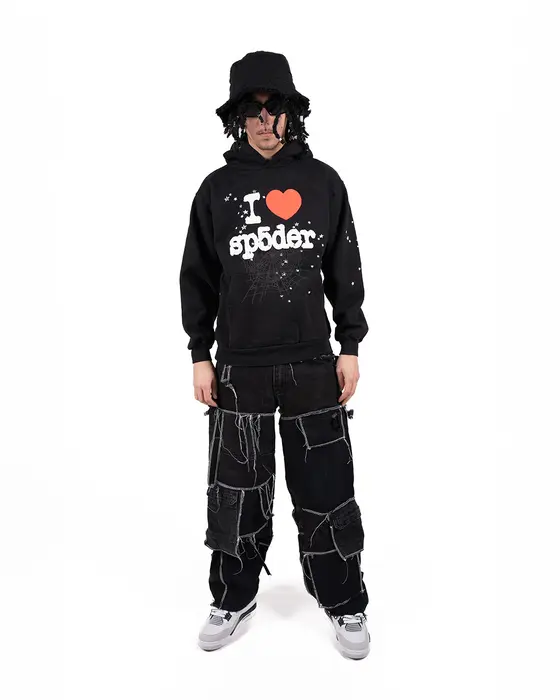 Sp5der I Heart SP5 Souvenir Hoodie Black | Unisex Y2K Graphic Oversized Sweatshirt