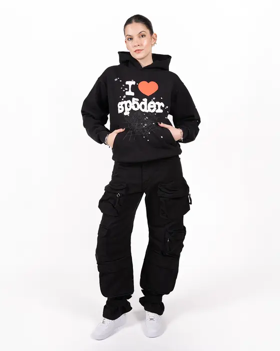 Sp5der I Heart SP5 Souvenir Hoodie Black | Unisex Y2K Graphic Oversized Sweatshirt