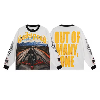 Skull Print Long-Sleeve T-Shirt – Black & White | Unisex Y2K Loose-Fit Cotton T-Shirt