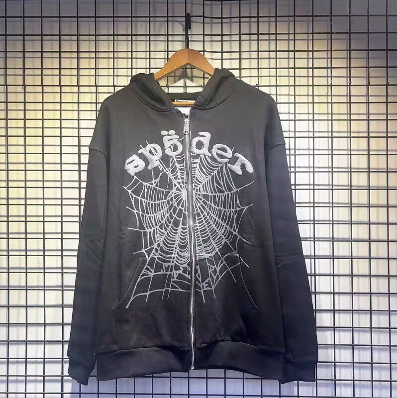 Sp5der OG Web  Phantom Zip-Up Hoodie Black | Unisex Y2K Oversized Graphic Sweatshirt