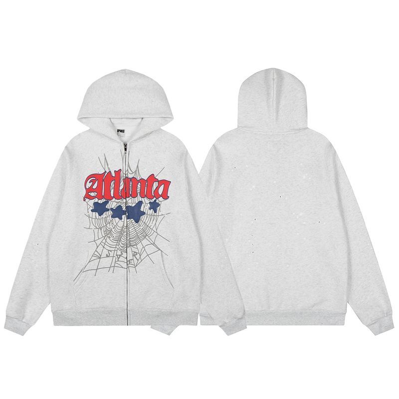 Sp5der Atlanta Full-Zip Hoodie Heather Grey | Unisex Y2K Oversized Zip-Up Sweatshirt