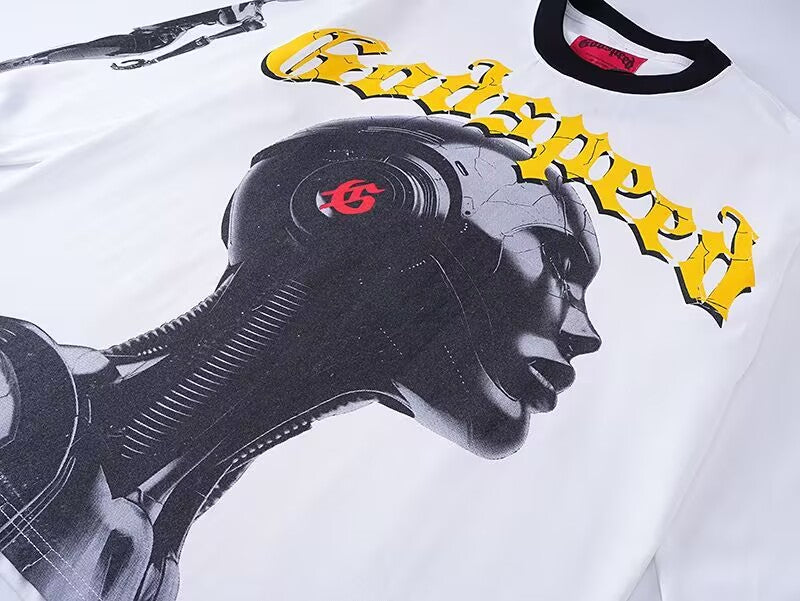 Godspeed Cybernetic Robot L/S Tee – White w/ Black Trim | Unisex Y2K Oversized Cotton Tee