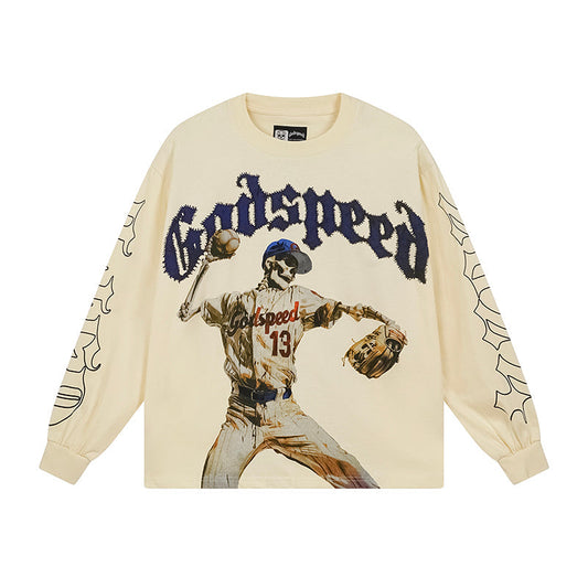 Godspeed Skeleton Baseball Pitcher Cream L/S Tee – Cream | Unisex Y2K Oversized Cotton Tee
