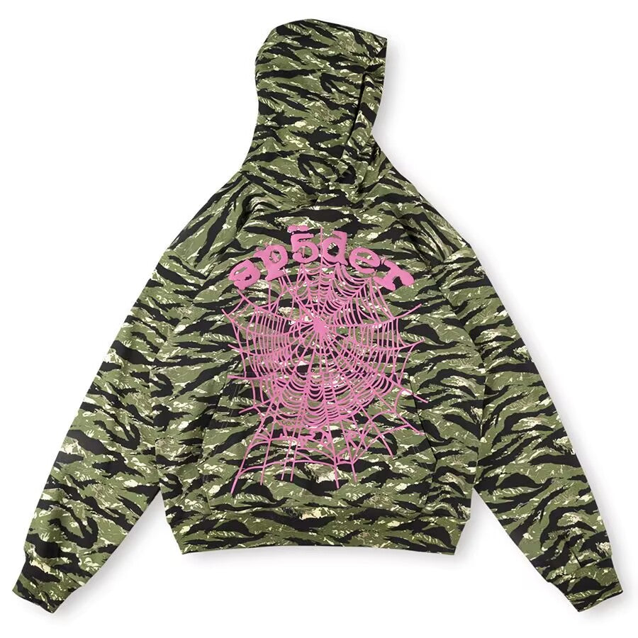Sp5der OG Web V2 Tiger Camo Hoodie | Unisex Y2K Oversized Graphic Sweatshirt
