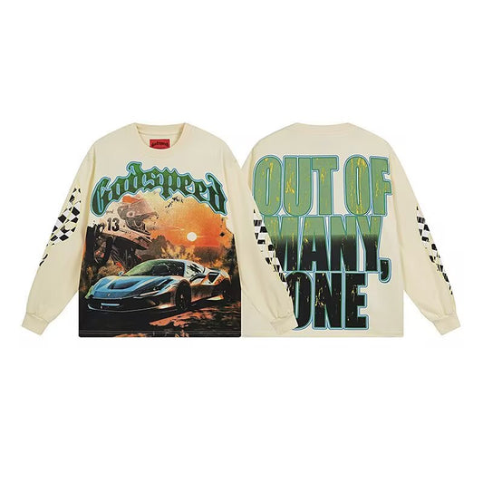 Godspeed Unisex Y2K Oversized Cotton Tee, Desert Supercar Back-Print, Drop-Shoulder Streetwear Top