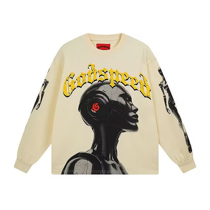 Godspeed Cybernetic Robot L/S Tee – White w/ Black Trim | Unisex Y2K Oversized Cotton Tee