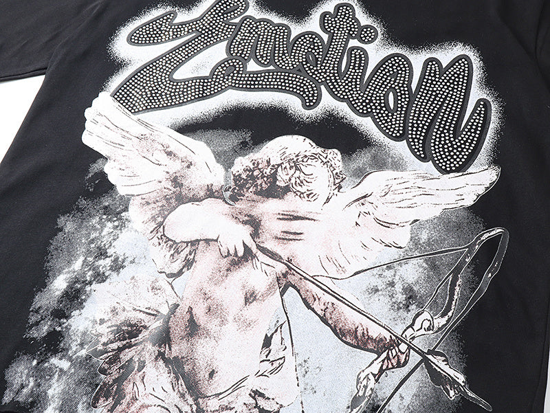 Mixed Emotion Rhinestone Cupid Black Tee