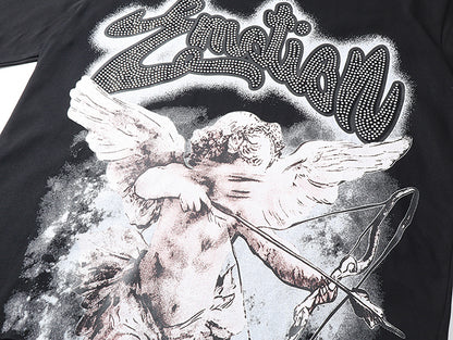 Mixed Emotion Rhinestone Cupid Black Tee
