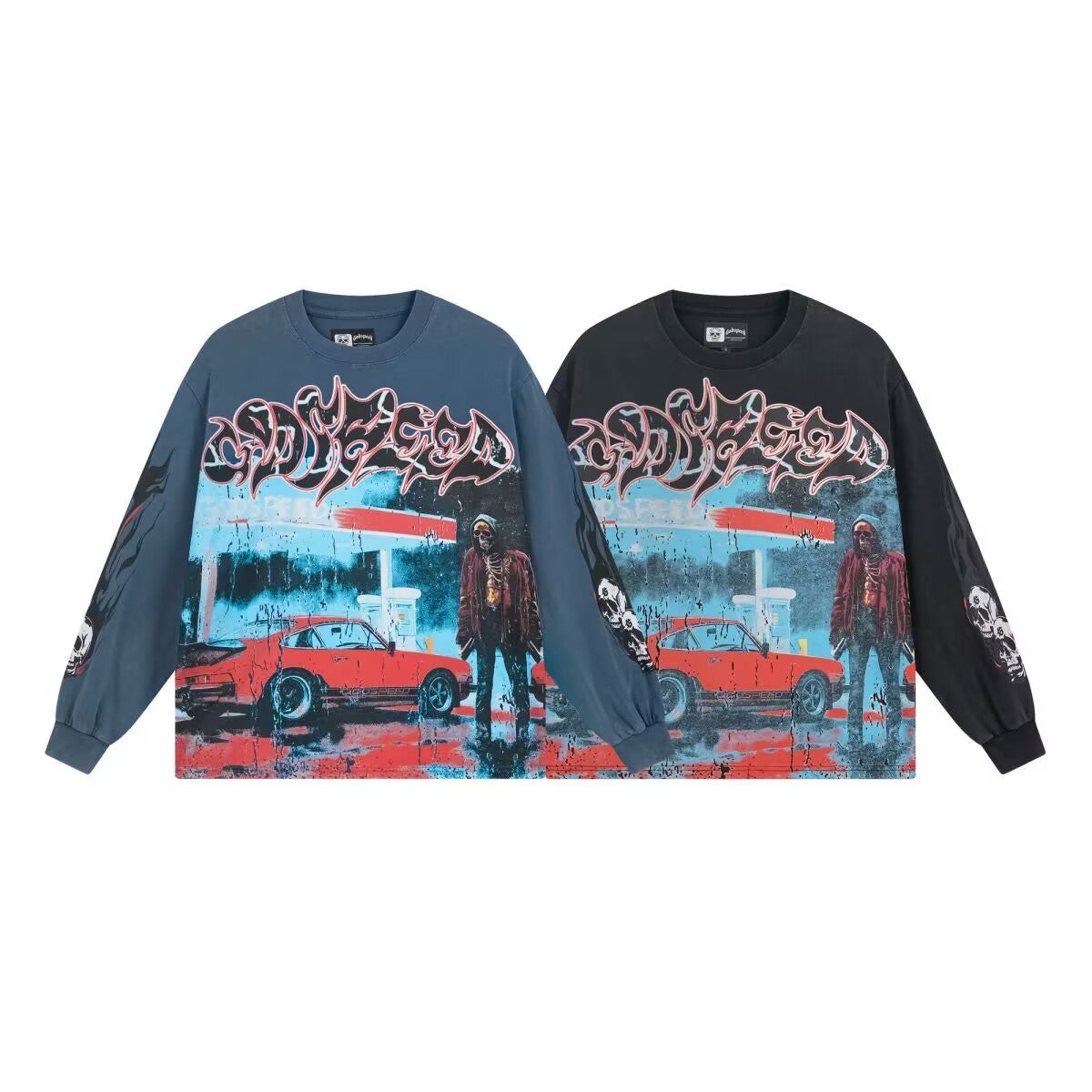 Godspeed Gas Station Graphic Long-Sleeve Tee – Black | Unisex Y2K Oversized Long-Sleeve Tee