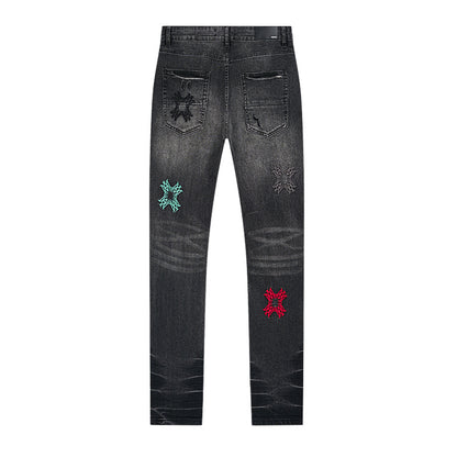 AMIRI Style Hip Hop Butterfly Graphic Embroidered Slim Fit Ripped Jeans for Men