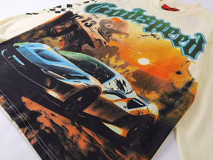 Godspeed Unisex Y2K Oversized Cotton Tee, Desert Supercar Back-Print, Drop-Shoulder Streetwear Top
