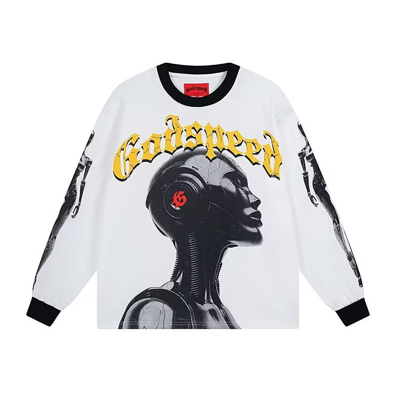 Godspeed Cybernetic Robot L/S Tee – White w/ Black Trim | Unisex Y2K Oversized Cotton Tee