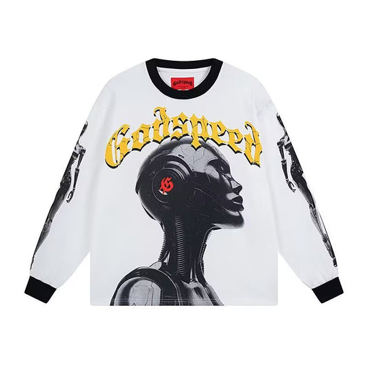 Godspeed Cybernetic Robot L/S Tee – White w/ Black Trim | Unisex Y2K Oversized Cotton Tee