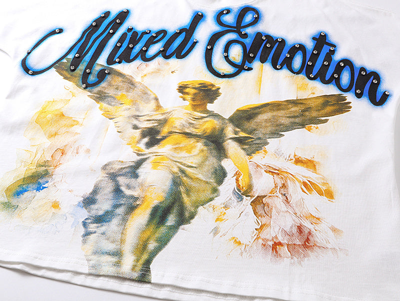 Mixed Emotion Rhinestone Angel Graphic Tee Y2K Cropped Top