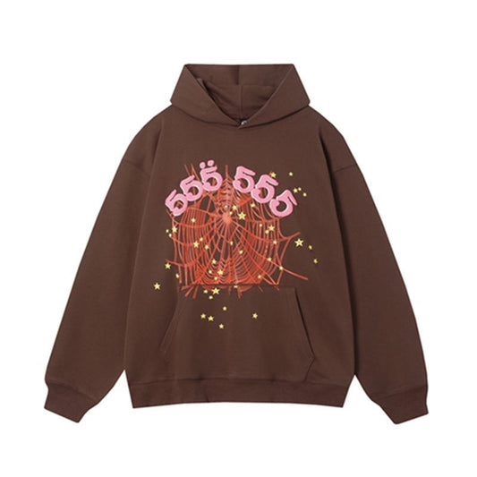 Sp5der 555 Angel Number Hoodie Brown | Unisex Y2K Oversized Graphic Sweatshirt