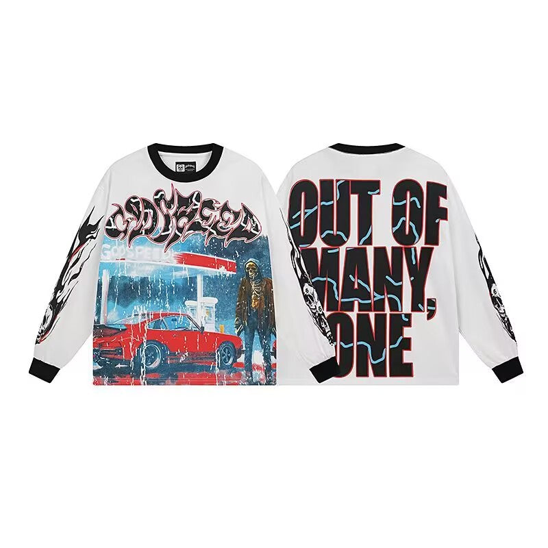 Godspeed Gas Station Red Car Graphic Long-Sleeve Tee – Black | Unisex Y2K Oversized Cotton Tee