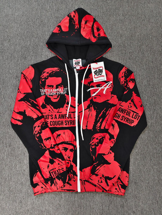 Red Graphic Zip-Up Hoodie – “That’s An Awful Lot Of Cough Syrup” | Unisex Y2K Oversized Tie-Dye Jacket