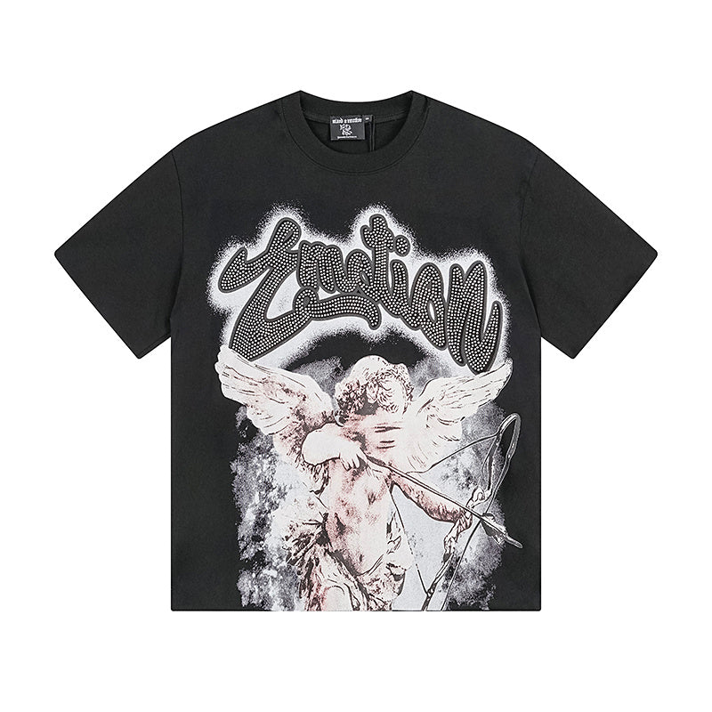 Mixed Emotion Rhinestone Cupid Black Tee