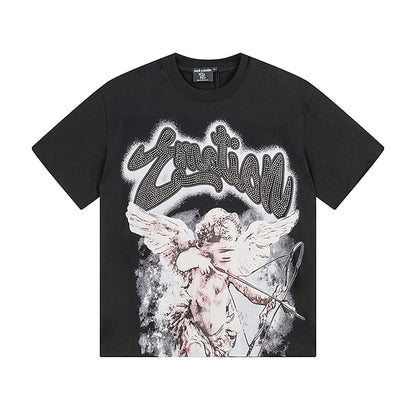 Mixed Emotion Rhinestone Cupid Black Tee