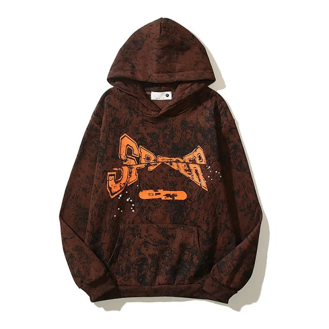 Sp5der  T&F Tree Hooded Sweatshirt Brown Camo | Unisex Y2K Oversized Graphic Sweatshirt