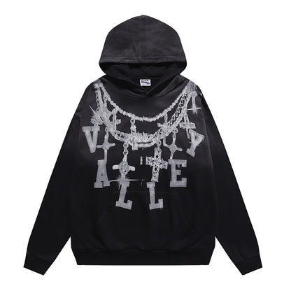 Vale Forever "Valley" Silver Chain & Cross Rhinestone Hoodie Black
