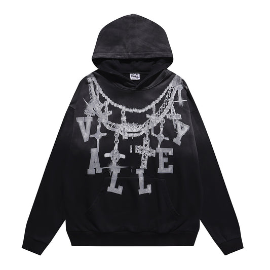 Vale Forever "Valley" Silver Chain & Cross Rhinestone Hoodie Black